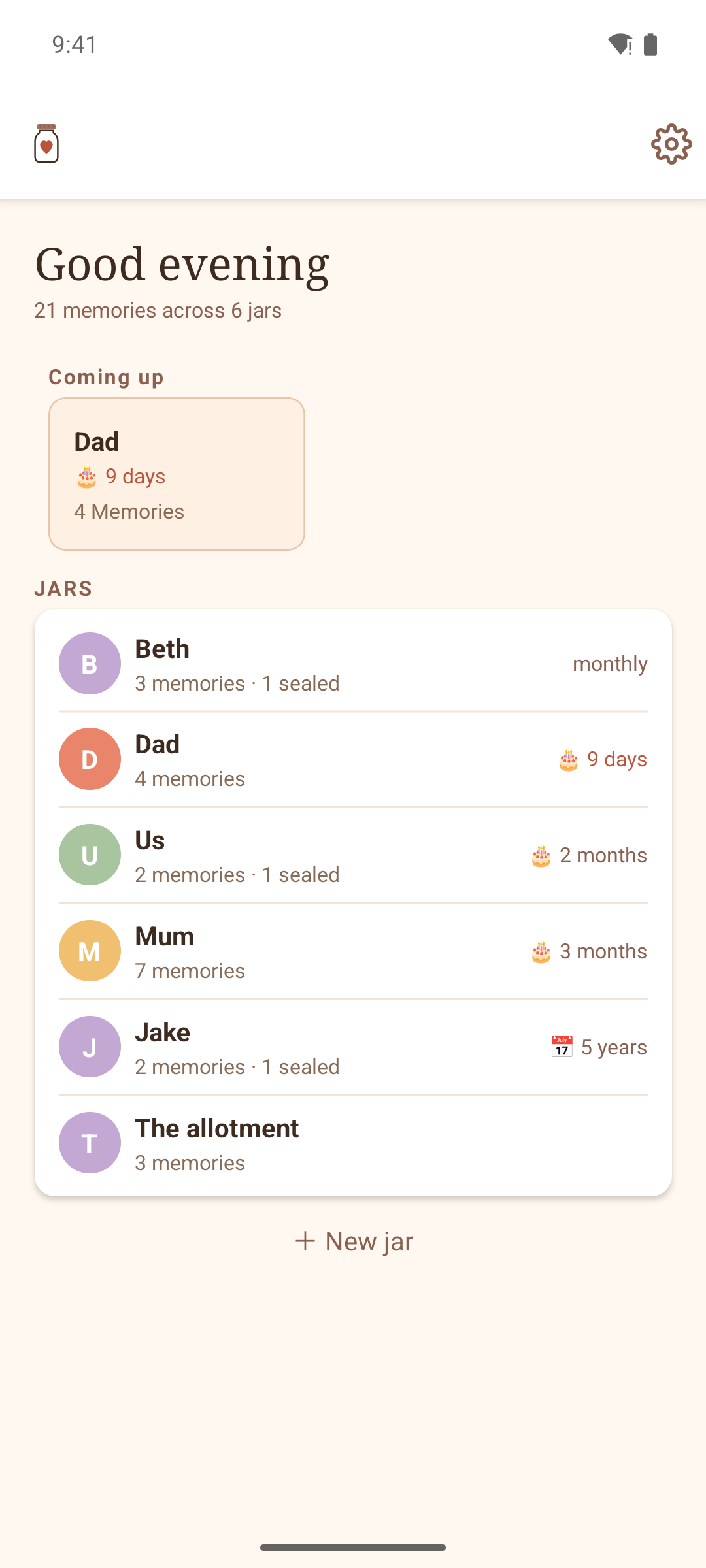 The Memory Jar home screen with a jar for Mum, Beth and Jake.